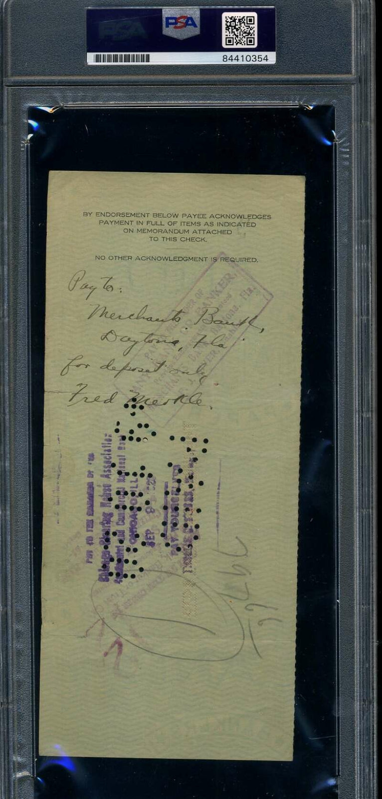 Fred Merkle PSA DNA Cert Slab Signed 1920 Chicago Cubs Payroll Check Autograph