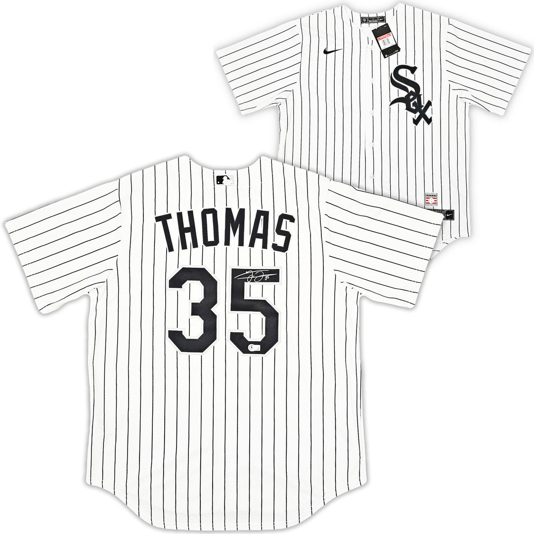 White Sox Frank Thomas Signed White Pinstripes Nike Jersey Size L Beckett Wit