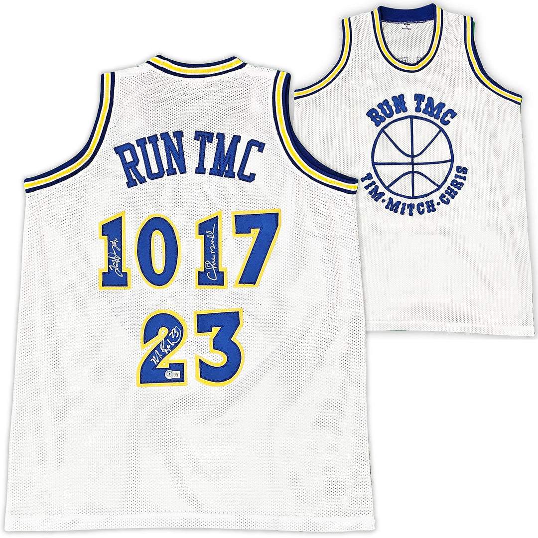 Warriors Chris Mullin, Tim Hardaway Mitch Richmond Auto White Jersey Run TMC BAS