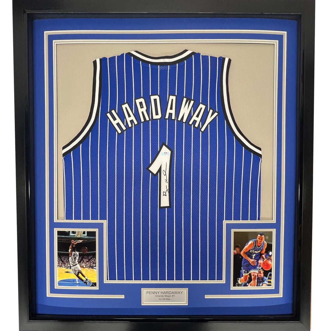 Framed Autographed/Signed Anfernee Penny Hardaway 33x42 Blue Jersey PSA COA