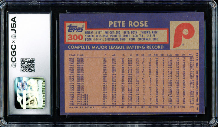 Pete Rose Signed 1984 Topps Card 300 Philadelphia Phillies Auto GM 10 CGC x JSA
