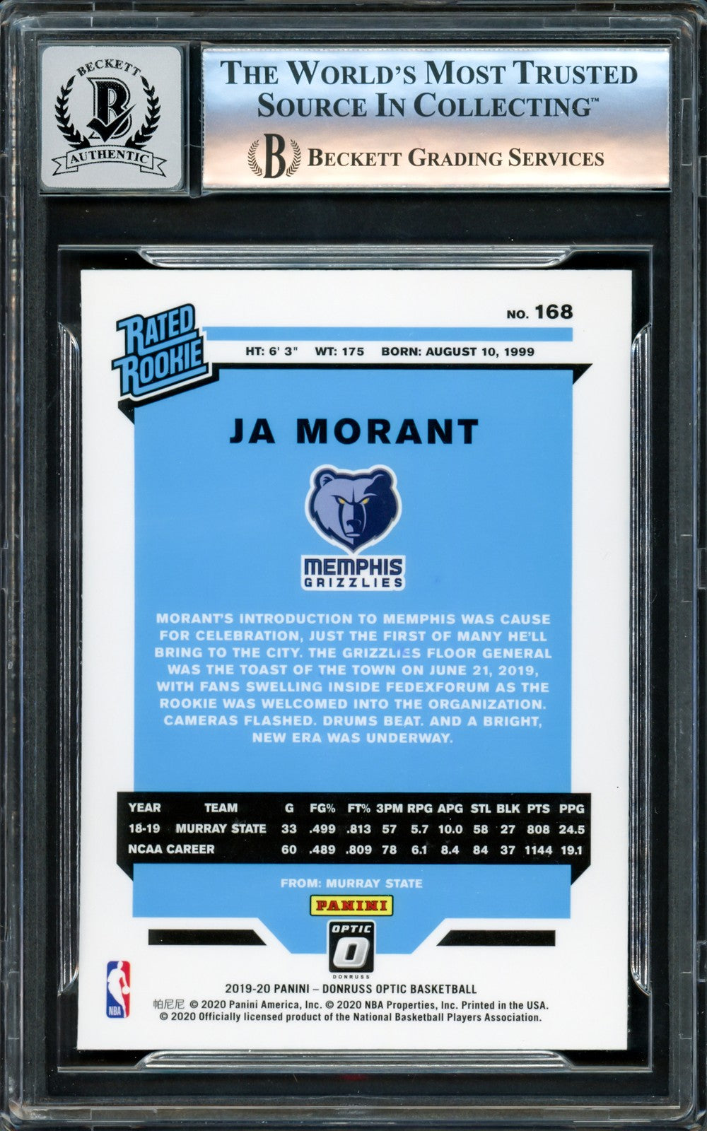 Ja Morant Auto 2019-20 Donruss Optic Rated Rookies RC 168 Sig 10 Beckett