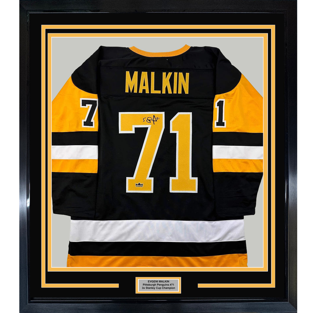 Framed Facsimile Autographed Evgeni Malkin 33x42 Black Reprint Laser Auto Jersey