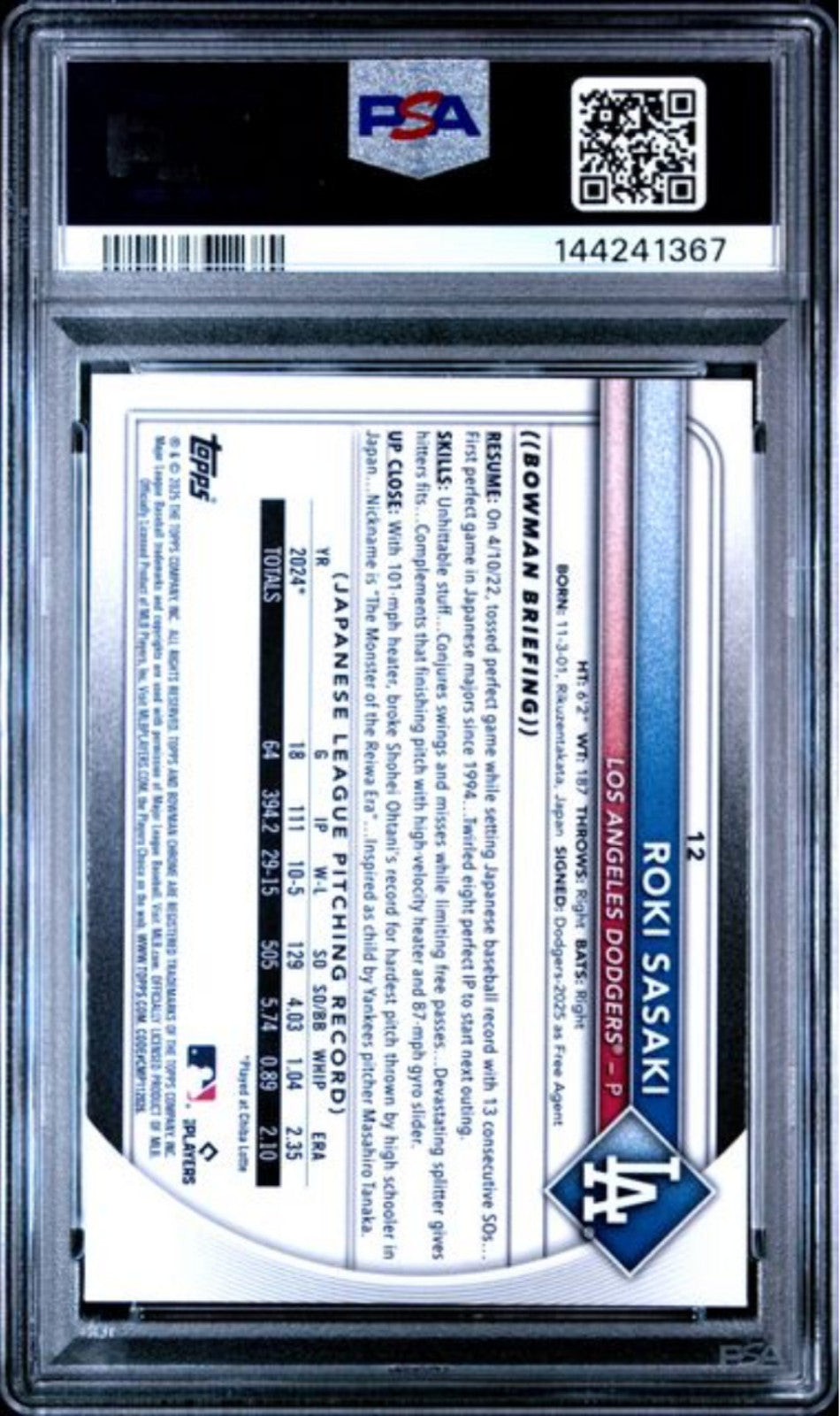 Graded 2025 Topps Bowman Chrome Roki Sasaki #12 Rookie RC Baseball Card PSA 10