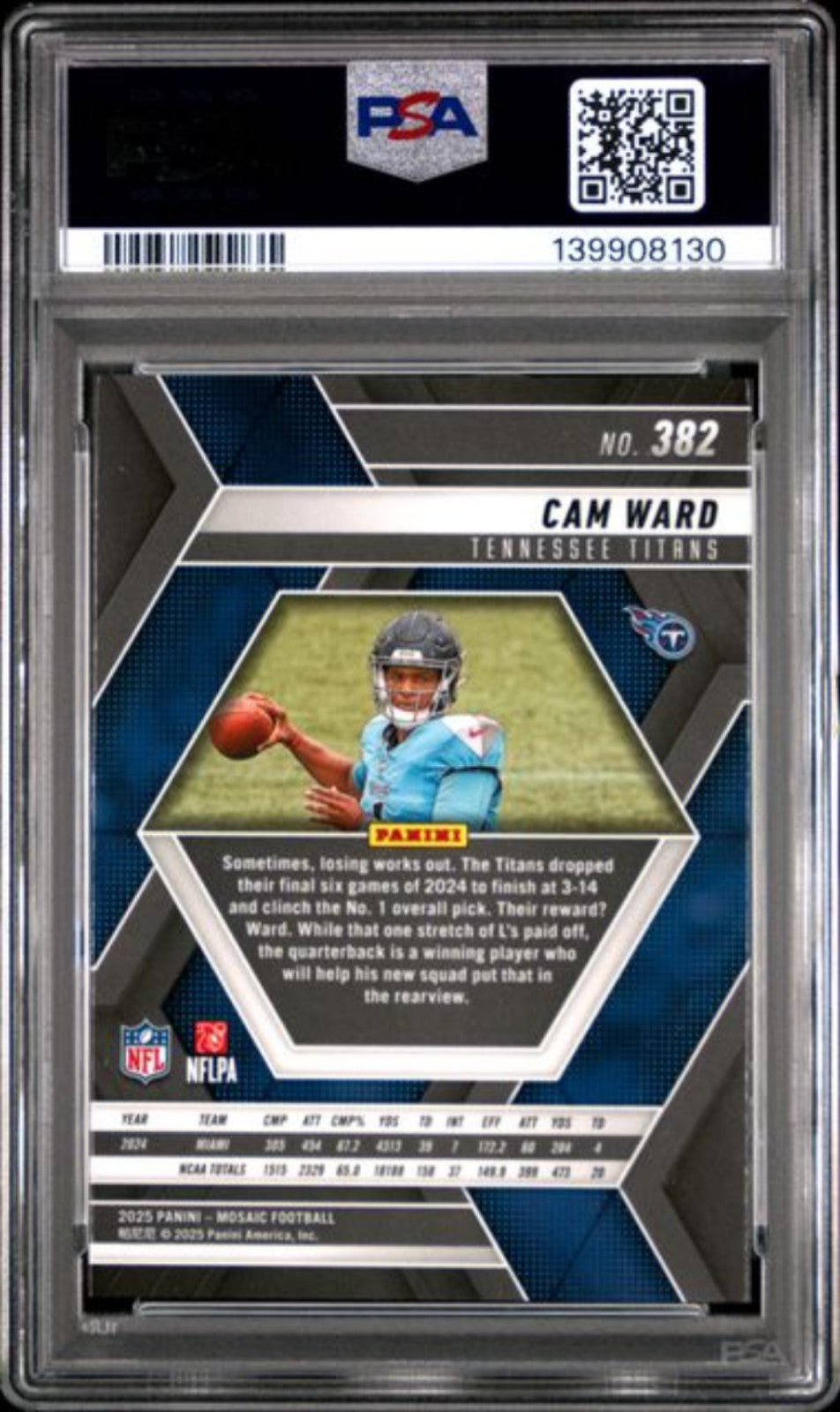 Graded 2025 Panini Mosaic Cam Ward #382 Rookie RC Football Card PSA 10 Gem Mint