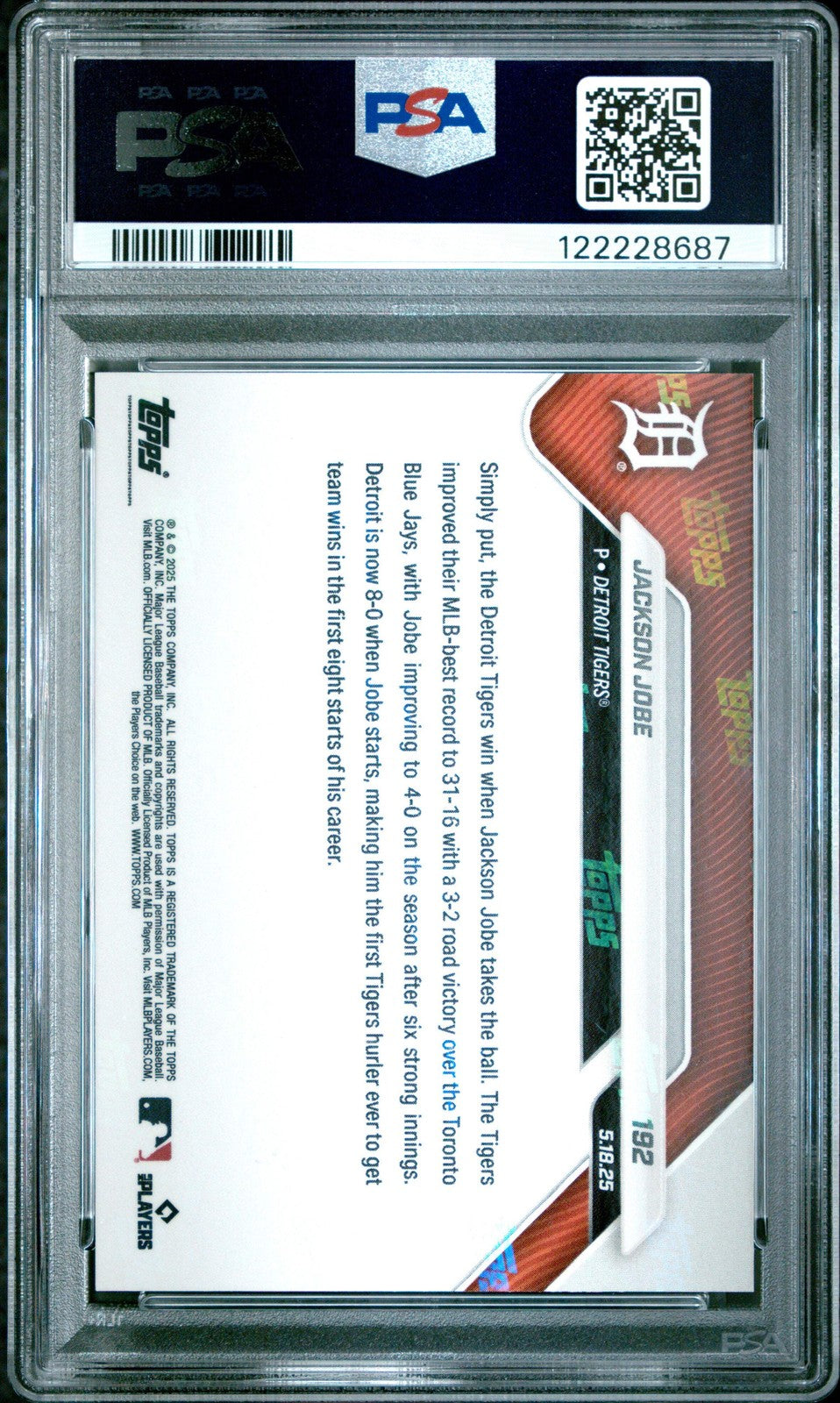 Graded 2025 Topps Now Jackson Jobe #192 Gold Foil /50 Rookie Baseball Card PSA 9