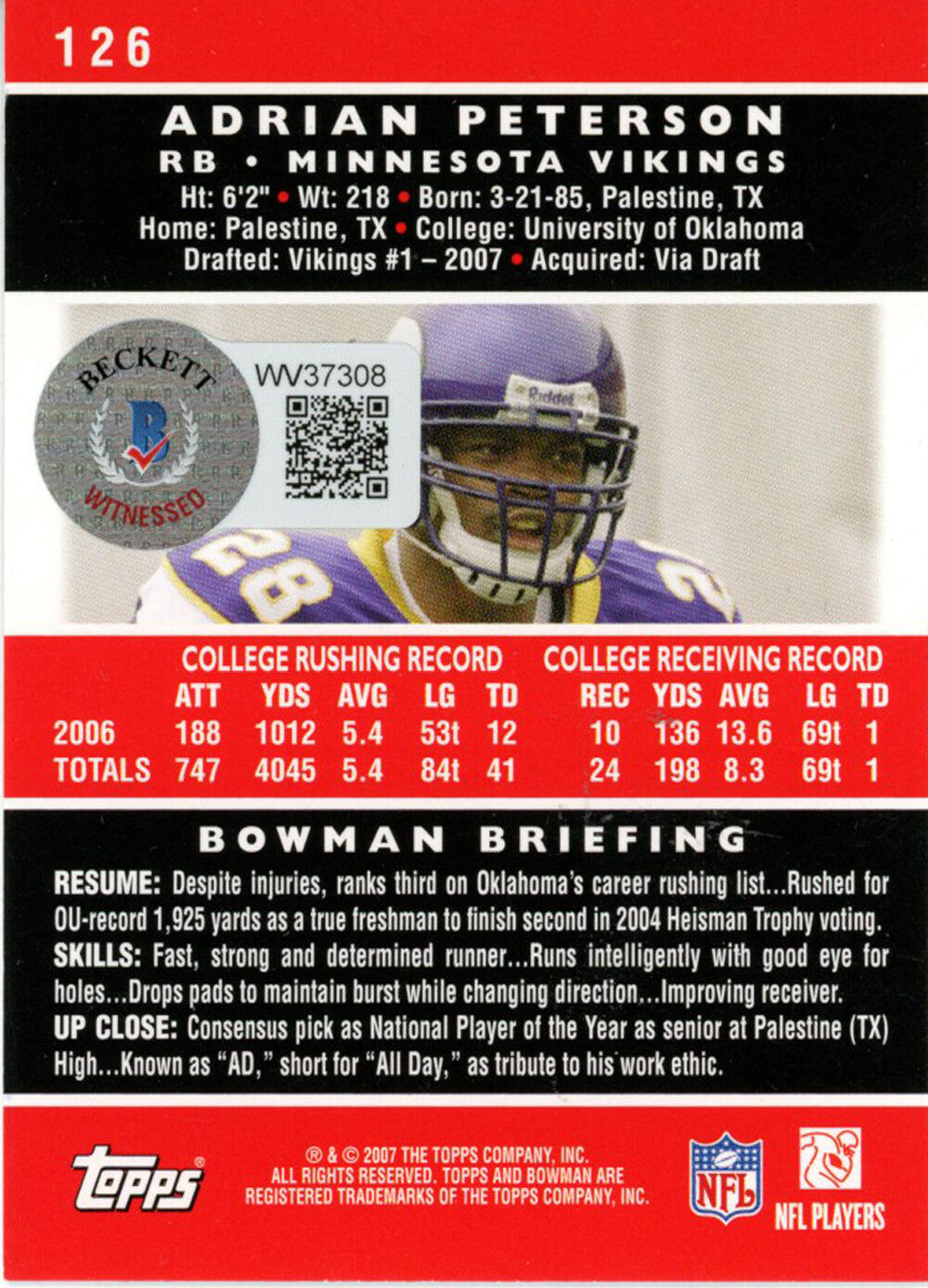 Adrian Peterson Autographed 2007 Bowman #126 Trading Card ROY Beckett 38576
