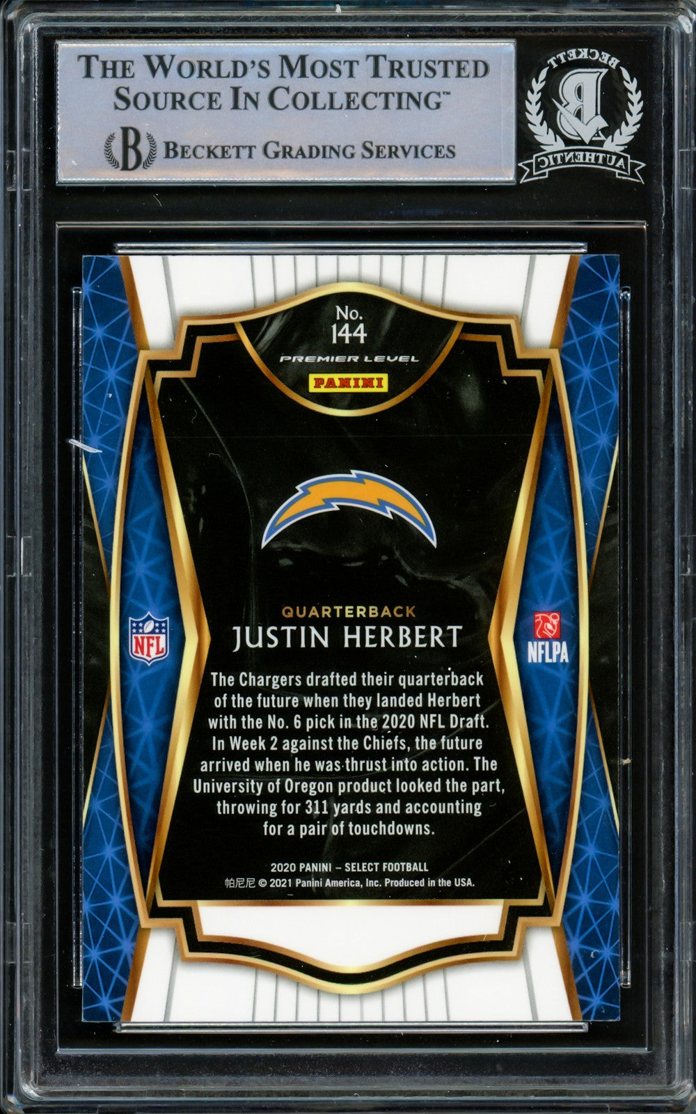 Justin Herbert Signed 2020 Panini Select Premier Level RC 144 Chargers Beckett