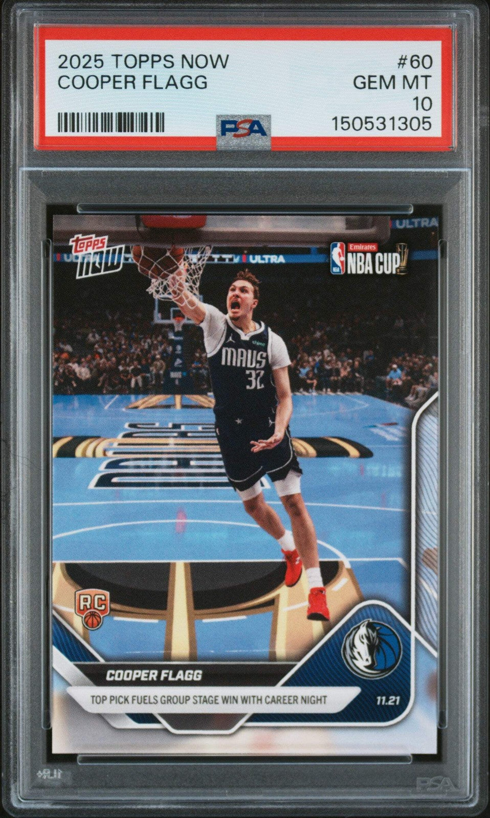 Graded 2025 Topps Now Cooper Flagg #60 Rookie RC Basketball Card PSA 10 Gem Mint