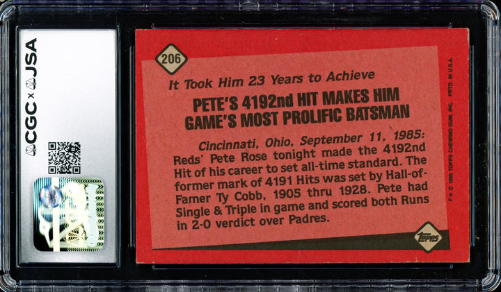 Pete Rose Autographed Signed 1986 Topps Card #206 Cincinnati Reds CGC x JSA