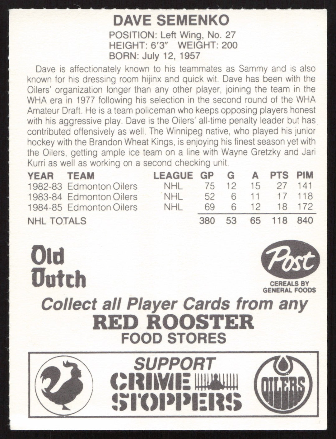 Dave Semenko Signed 1985-86 Post Red Rooster Card Edmonton Oilers