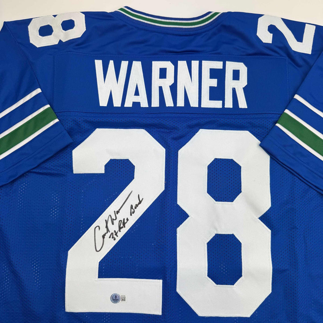 Autographed/Signed Curt Warner 3x Pro Bowl Seattle Blue Jersey Beckett BAS COA