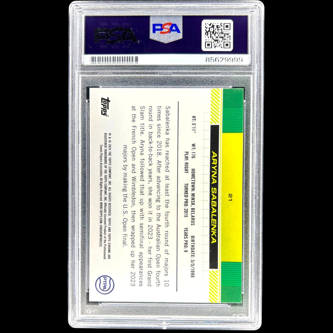 ARYNA SABALENKA SIGNED 2024 TOPPS CHROME #21 AUTO AQUA REFRACTOR /399 PSA DNA