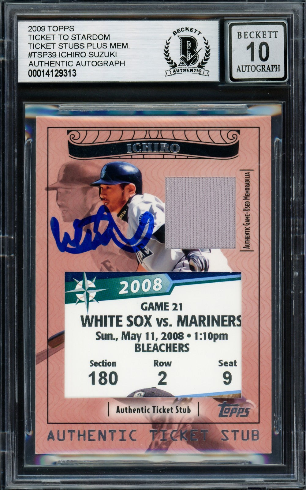 Ichiro Suzuki Auto 2009 Topps Ticket Stardom Card TSP-39 Sig 10 Jersey Relic BAS