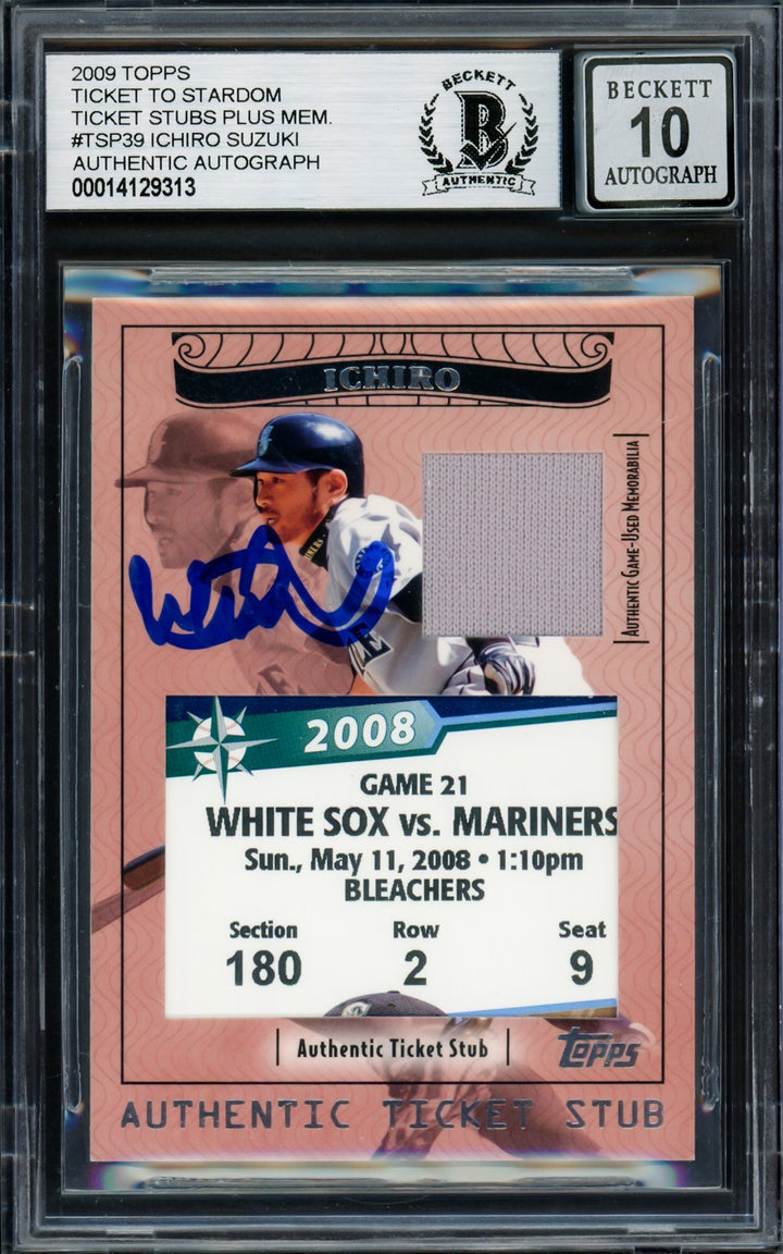 Ichiro Suzuki Auto 2009 Topps Ticket Stardom Card TSP-39 Sig 10 Jersey Relic BAS