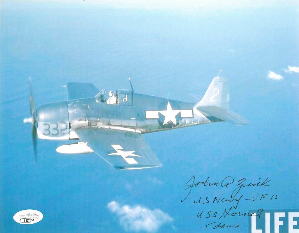 John A. Zink signed WWII Navy Ace Fighter Pilot USS Hornet 8x10 Photo- JSA