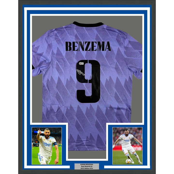 Framed Signed Karim Benzema 35x39 Real Madrid 2022-23 Jersey COA