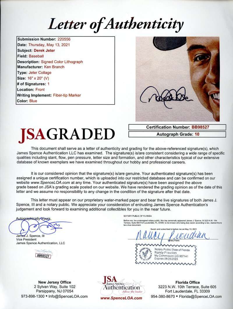 Derek Jeter JSA Gem Mint 10 Signed 16x20 Photo Framed to 23x27 Autograph
