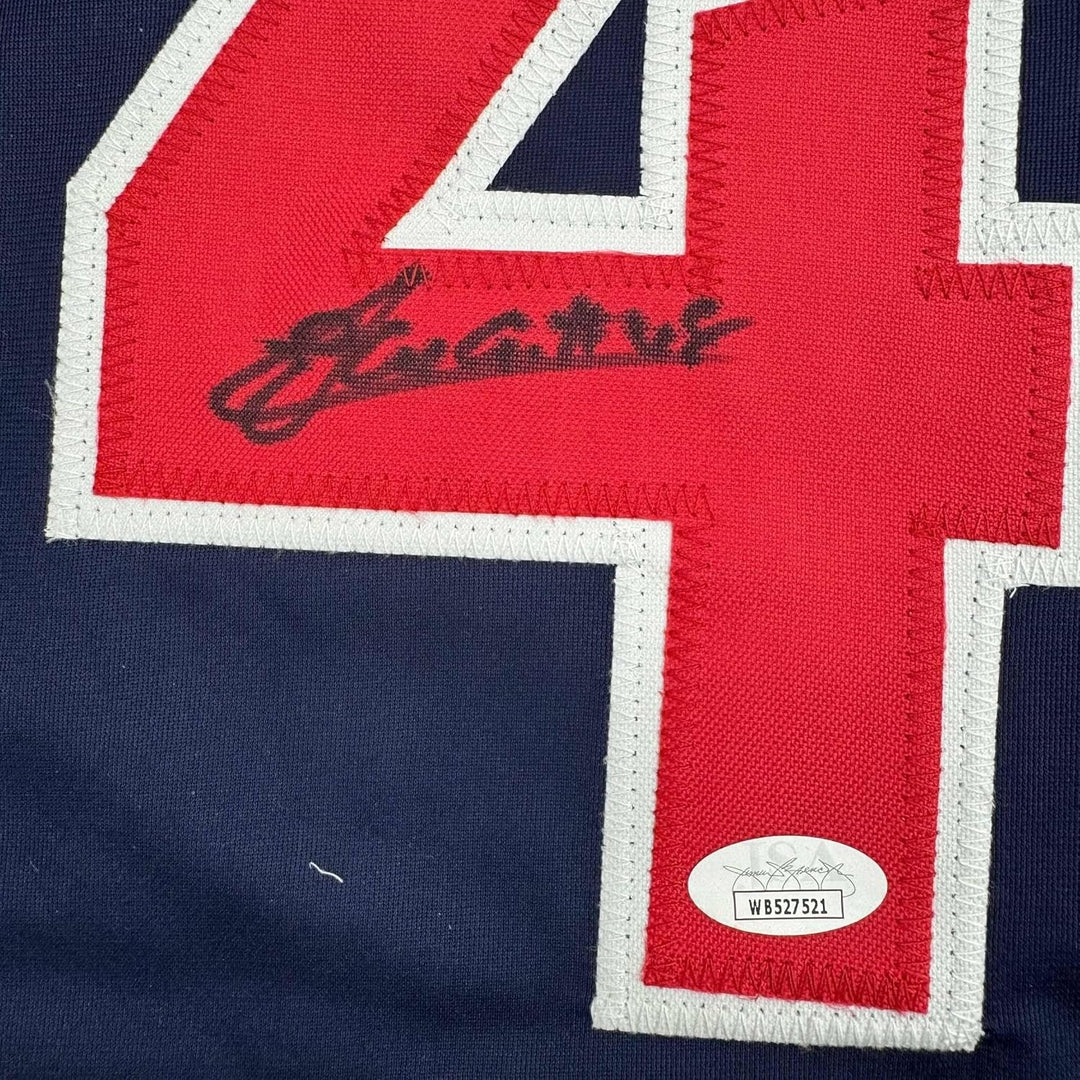 Framed Signed Emmanuel Clase 35x39 Cleveland Blue Jersey JSA COA