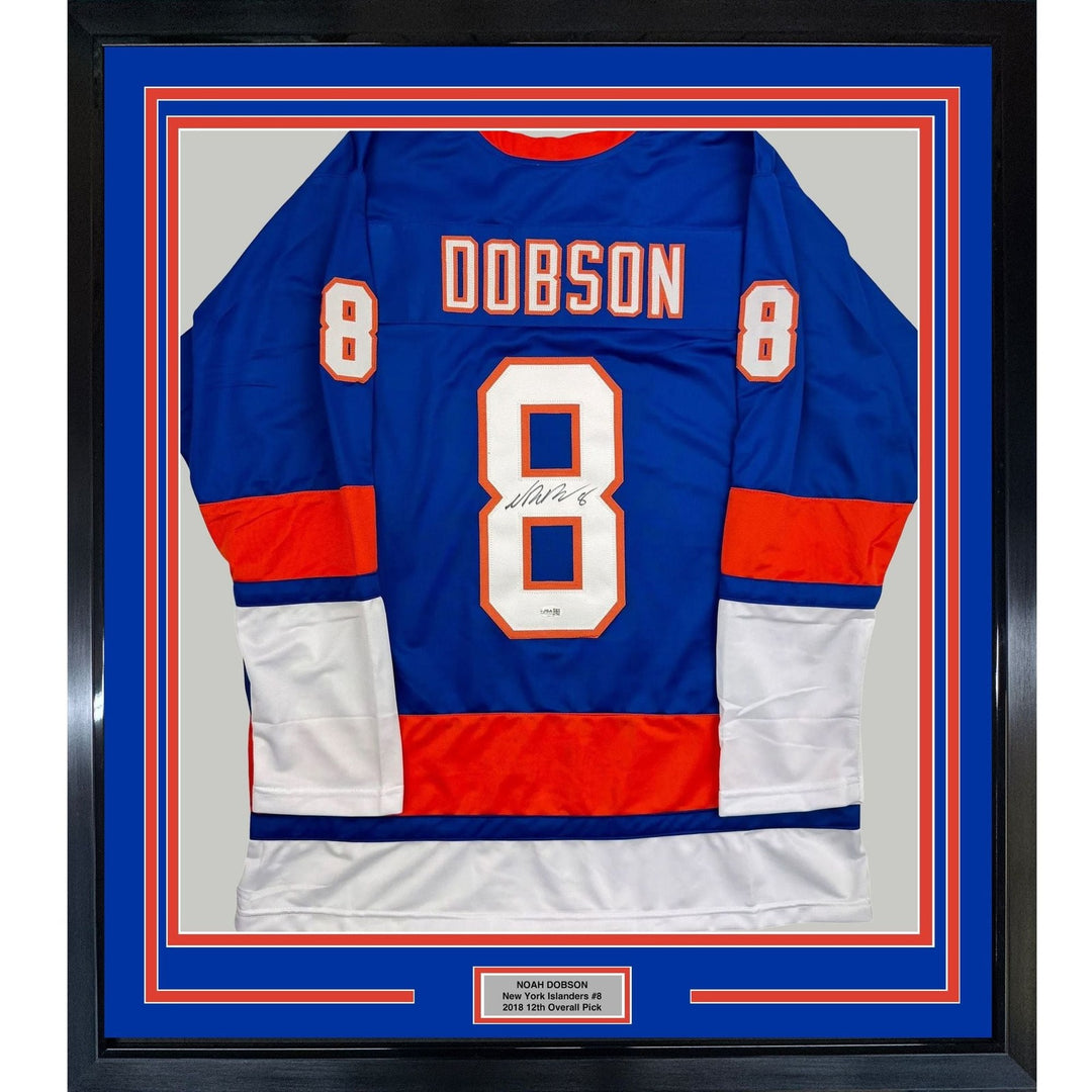 Framed Autographed/Signed Noah Dobson 35x39 New York Blue Jersey JSA COA