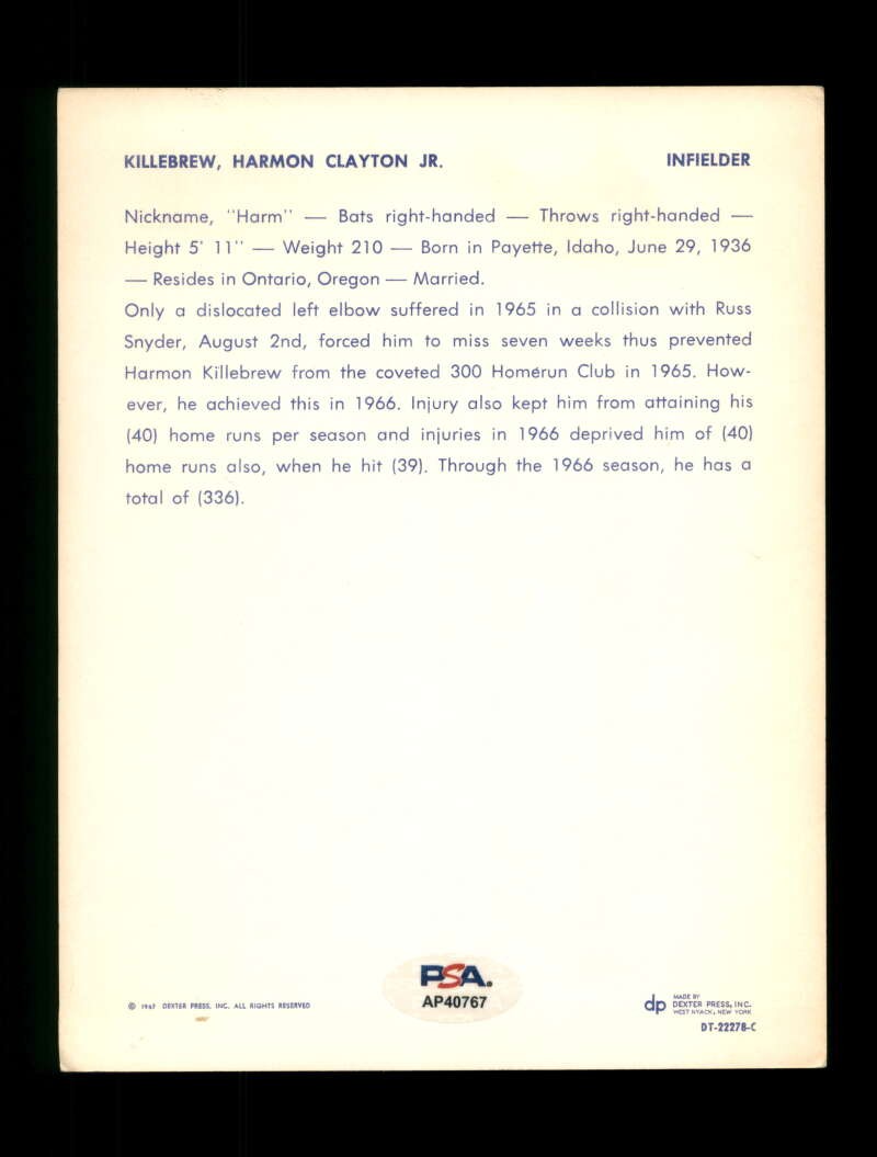 Harmon Killebrew PSA DNA Signed 1967 6x7 Dexter Press Photo Autograph Twins