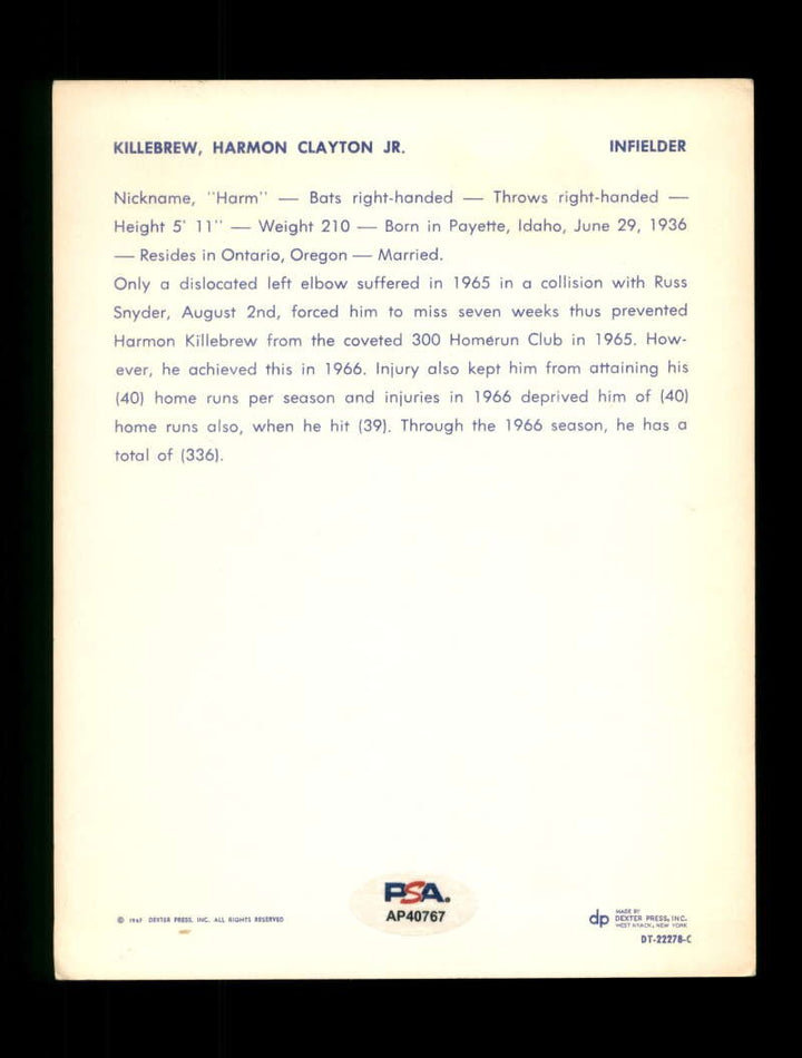 Harmon Killebrew PSA DNA Signed 1967 6x7 Dexter Press Photo Autograph Twins