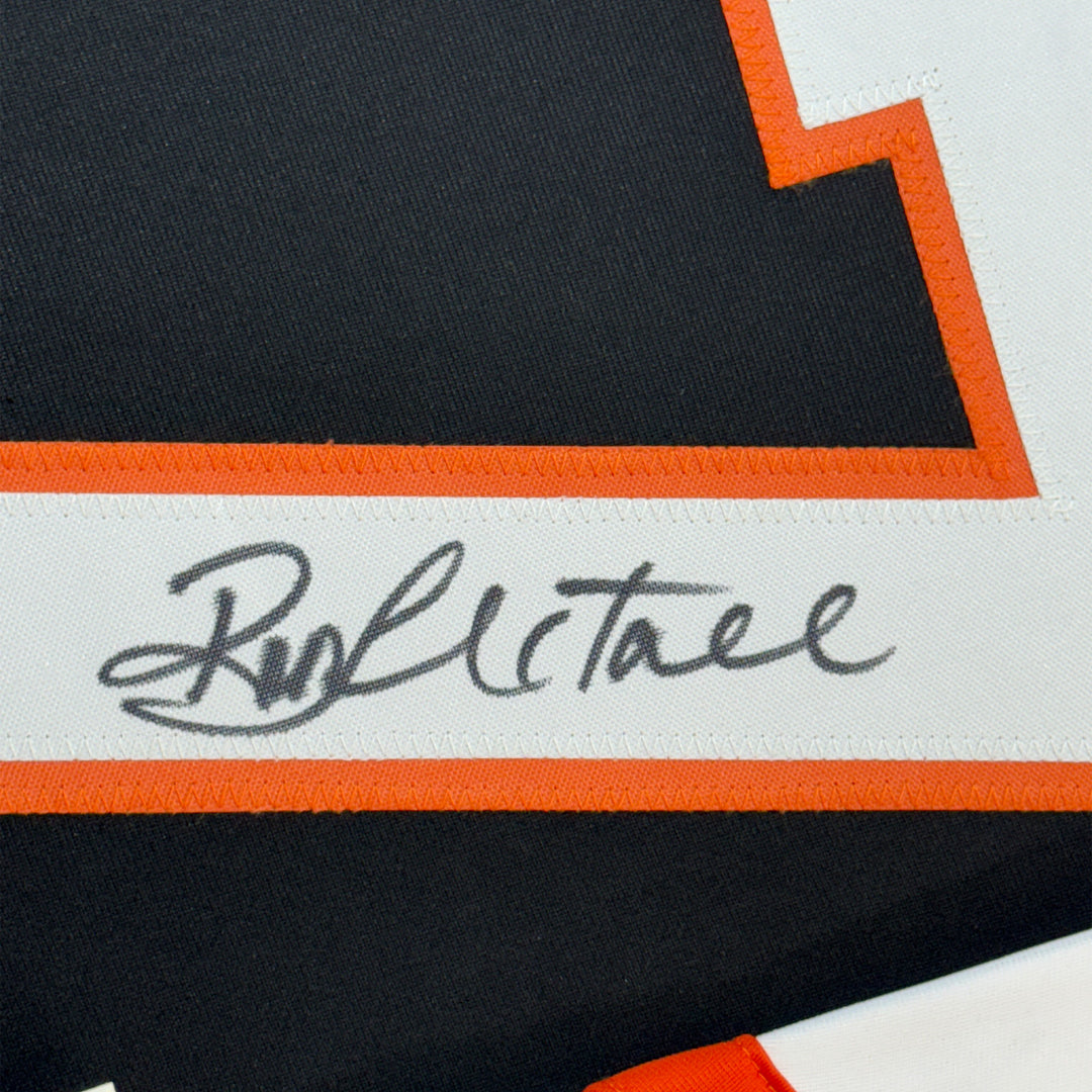 FRAMED Autographed/Signed RON HEXTALL 33x42 Philadelphia Black Jersey JSA COA