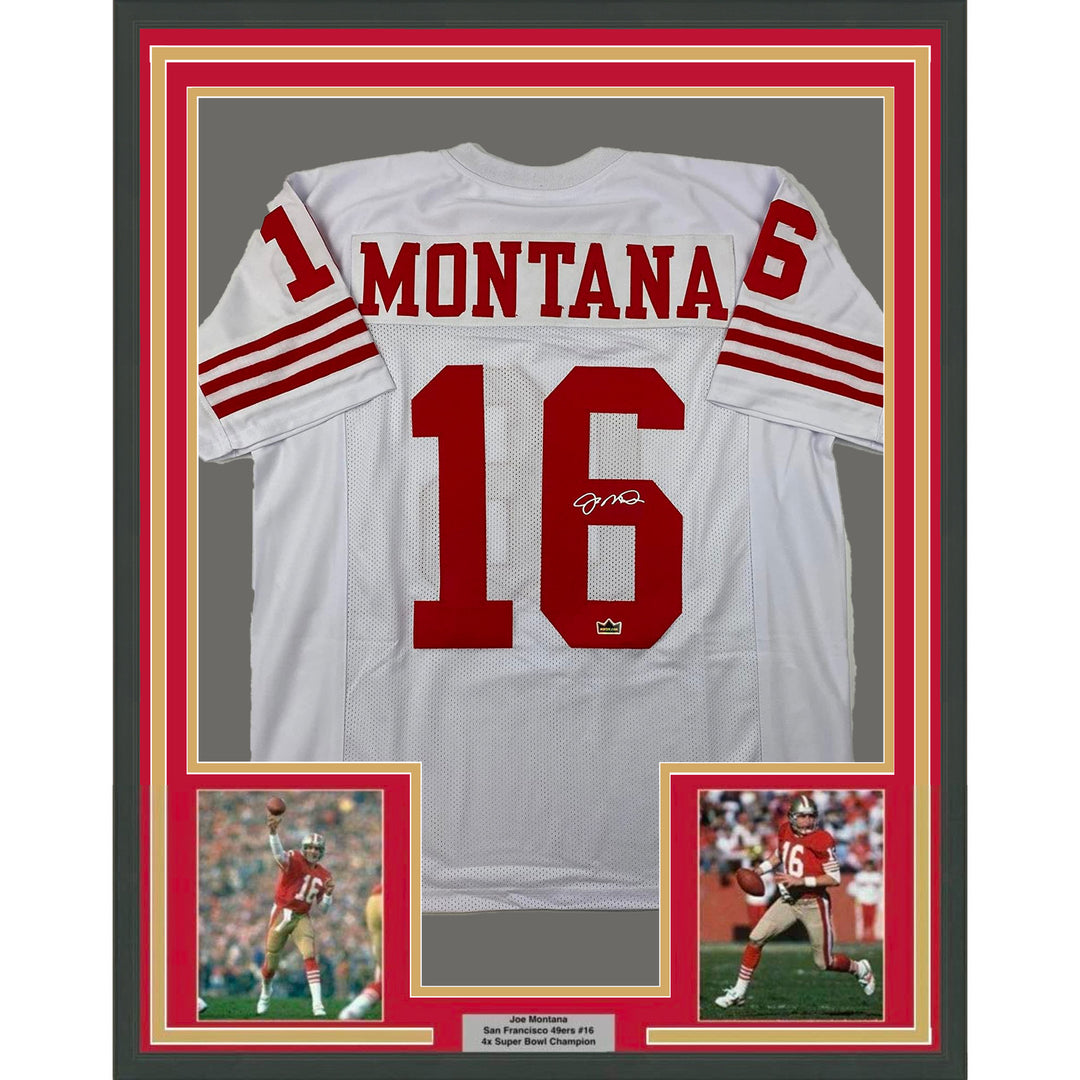 Framed Facsimile Autographed Joe Montana 33x42 White Reprint Laser Auto Jersey