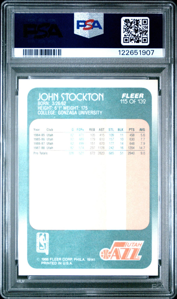 Graded 1988-89 Fleer John Stockton #115 Rookie RC Basketball Card PSA 8