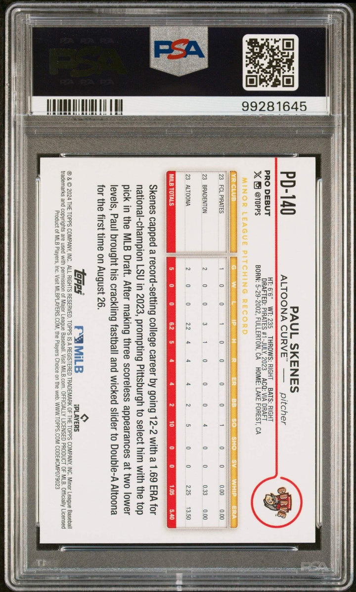 Graded 2024 Topps Pro Debut Paul Skenes #PD140 Rookie RC Baseball Card PSA 10