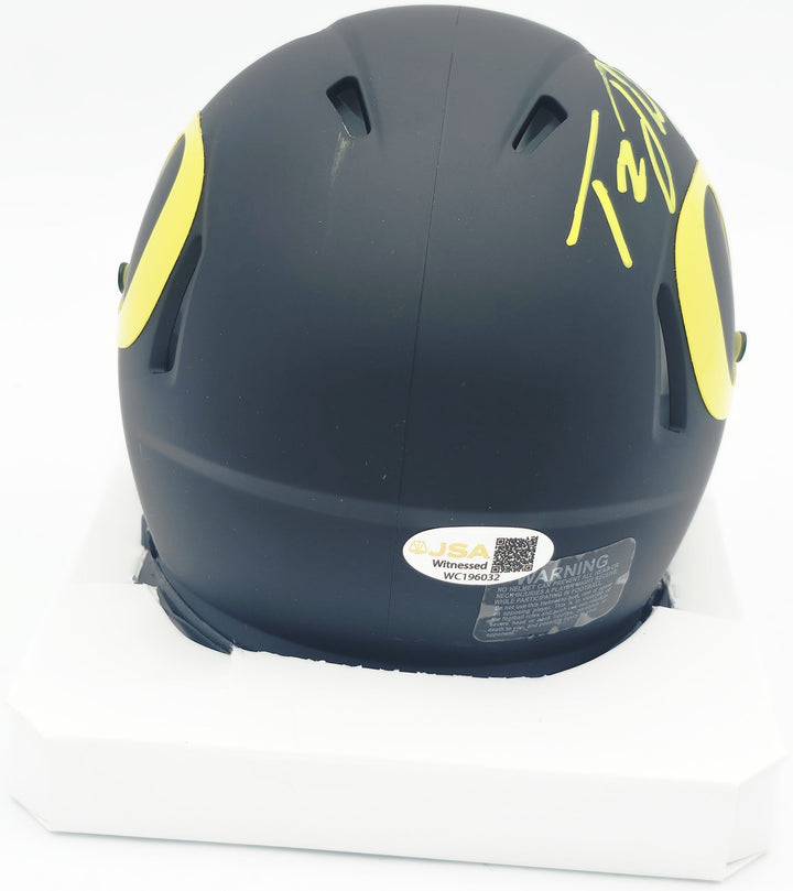 Tez Johnson Auto Oregon Ducks Matte Black Speed Mini Helmet (Smudge) JSA Witness
