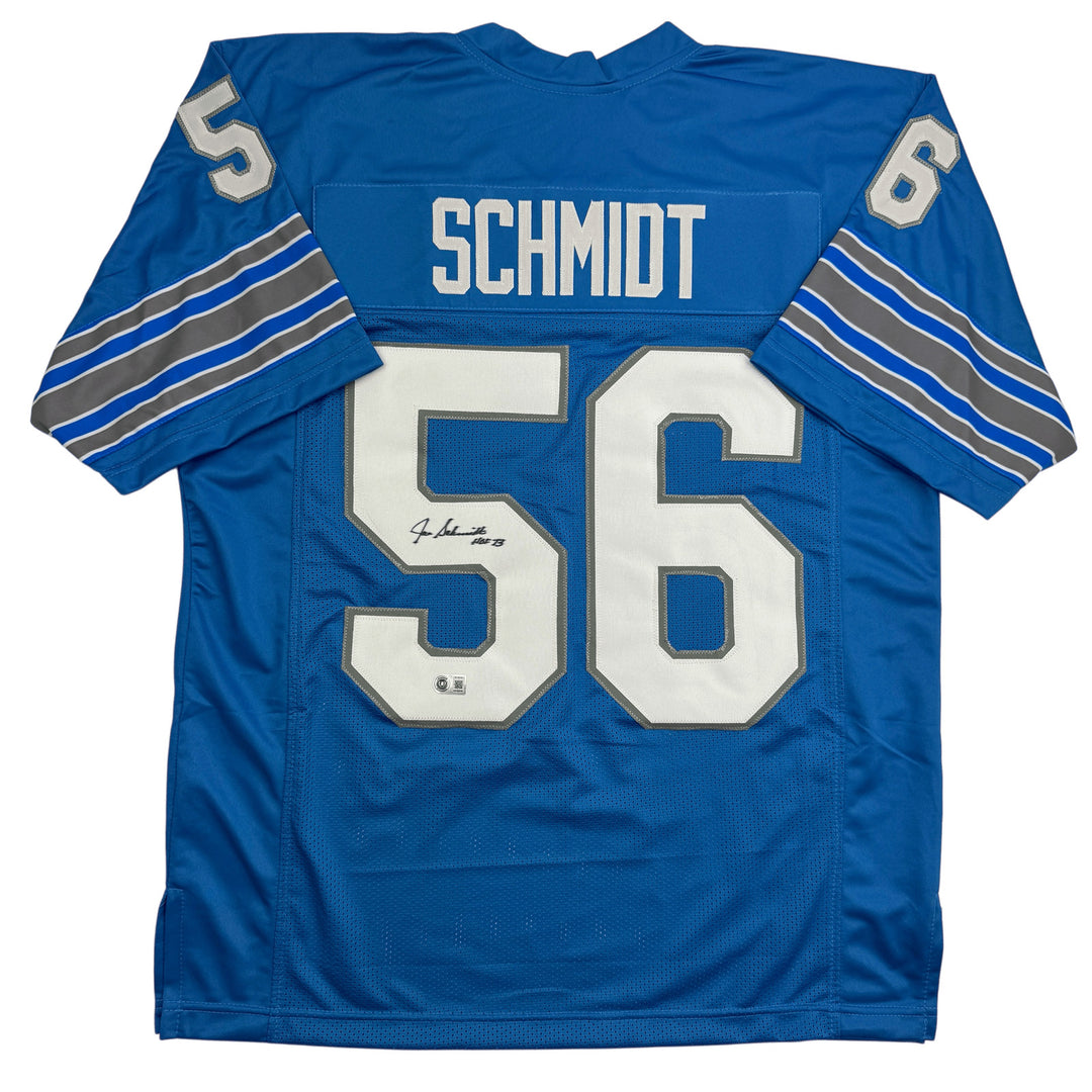 Autographed/Signed Joe Schmidt HOF 73 Detroit Blue Football Jersey BAS COA