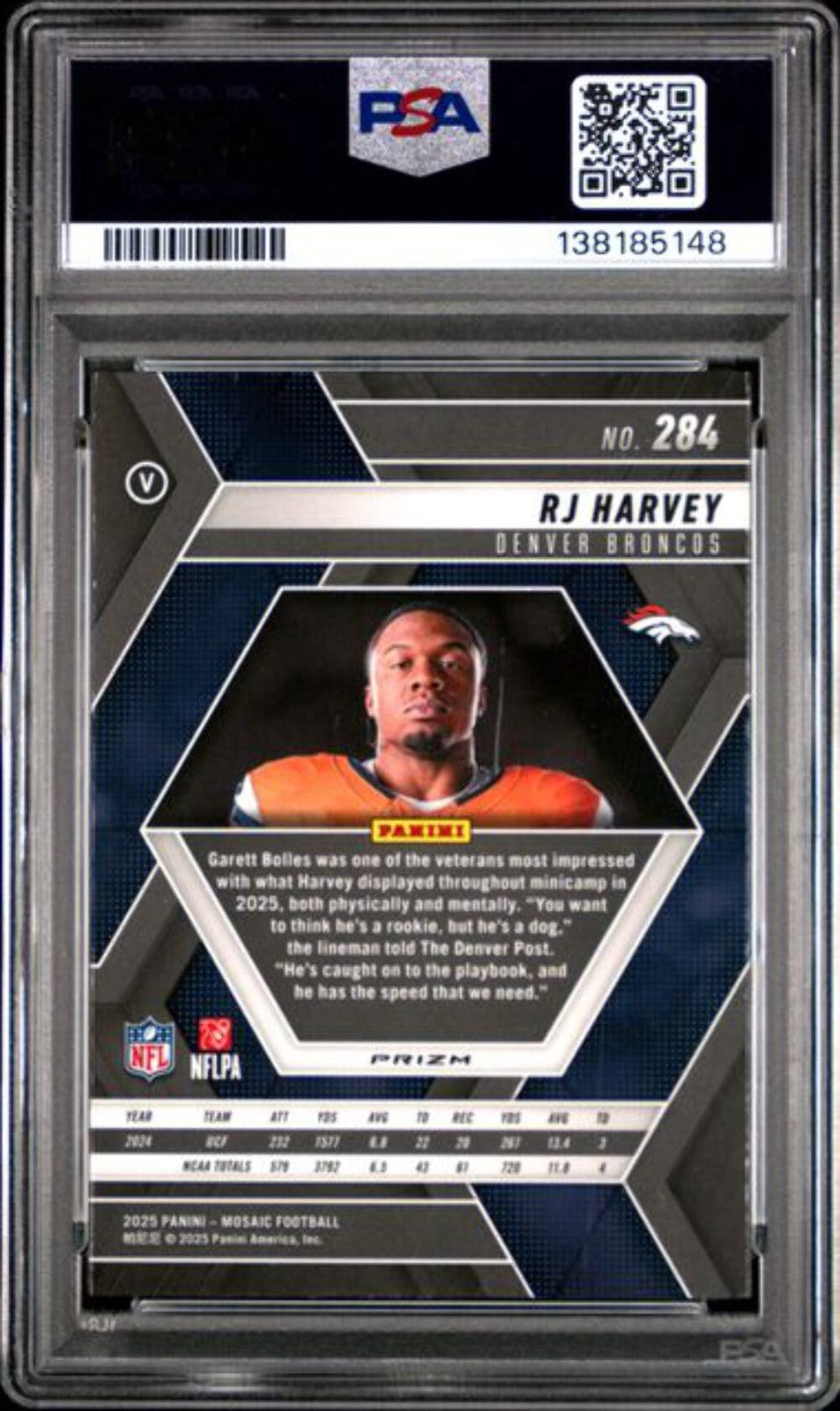 Graded 2025 Panini Mosaic RJ Harvey #284 Mosaic Variation Rookie RC Card PSA 10