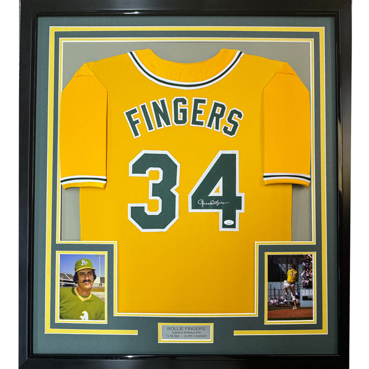 Framed Autographed/Signed Rollie Fingers 35x39 Oakland Yellow Jersey JSA COA