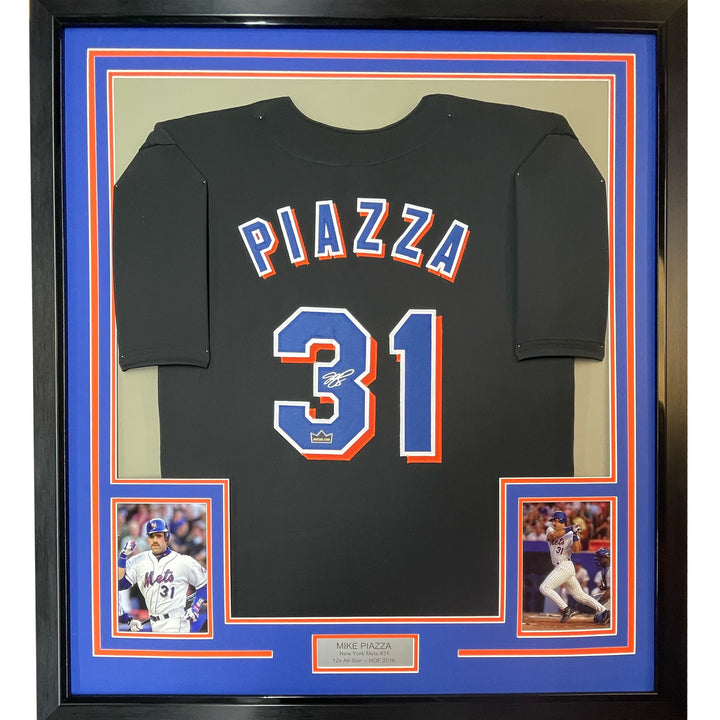 Framed Facsimile Autographed Mike Piazza 33x42 Black Reprint Laser Auto Jersey