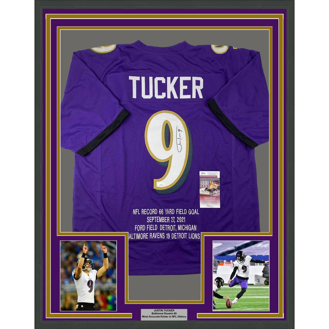 Framed Autographed/Signed Justin Tucker 35x39 66 Yard GW FG Stat Jersey JSA COA