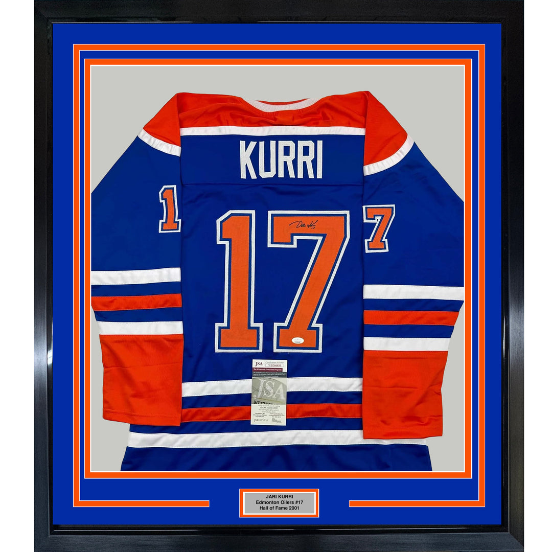 Framed Autographed/Signed Jari Kurri 35x39 Edmonton Blue Hockey Jersey JSA COA