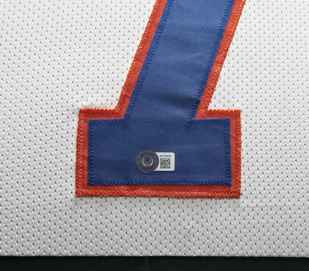 Denver Broncos John Elway Signed Framed White Jersey Beckett BAS Witness