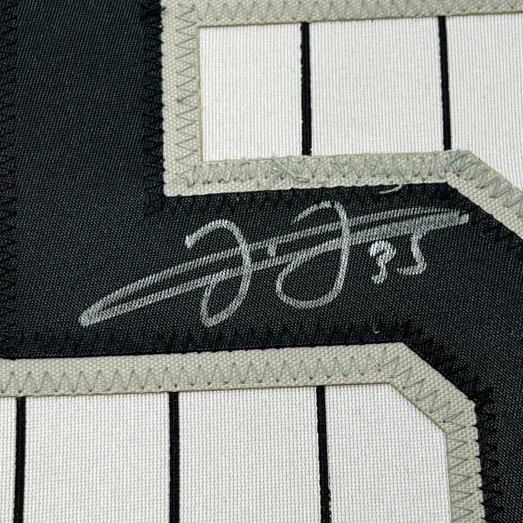 Framed Autographed/Signed Frank Thomas 33x42 Chicago Pinstripe Jersey JSA COA