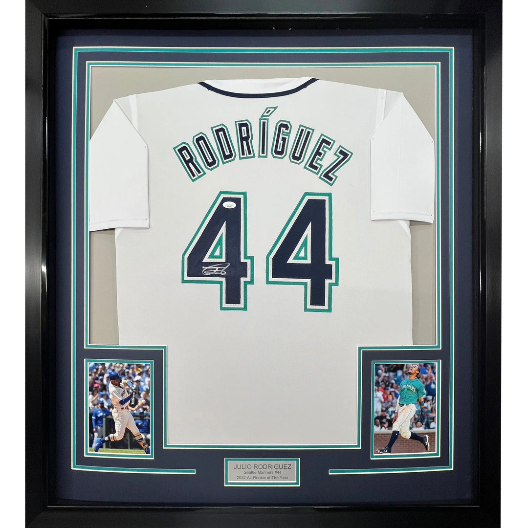 Framed Autographed/Signed Julio Rodriguez 33x42 Seattle White Jersey JSA COA