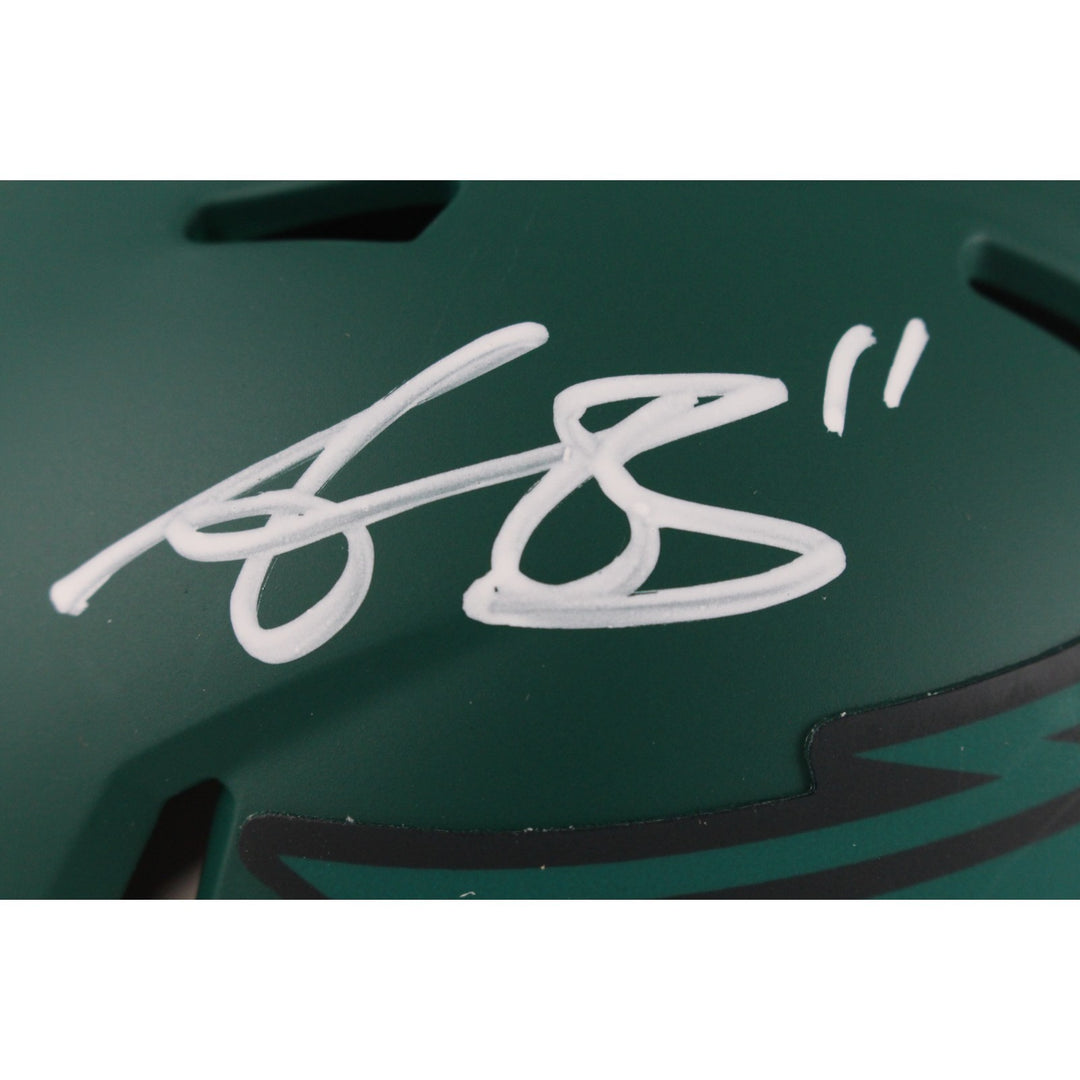 AJ Brown Autographed Philadelphia Eagles Rave Mini Helmet Beckett Witness 49801