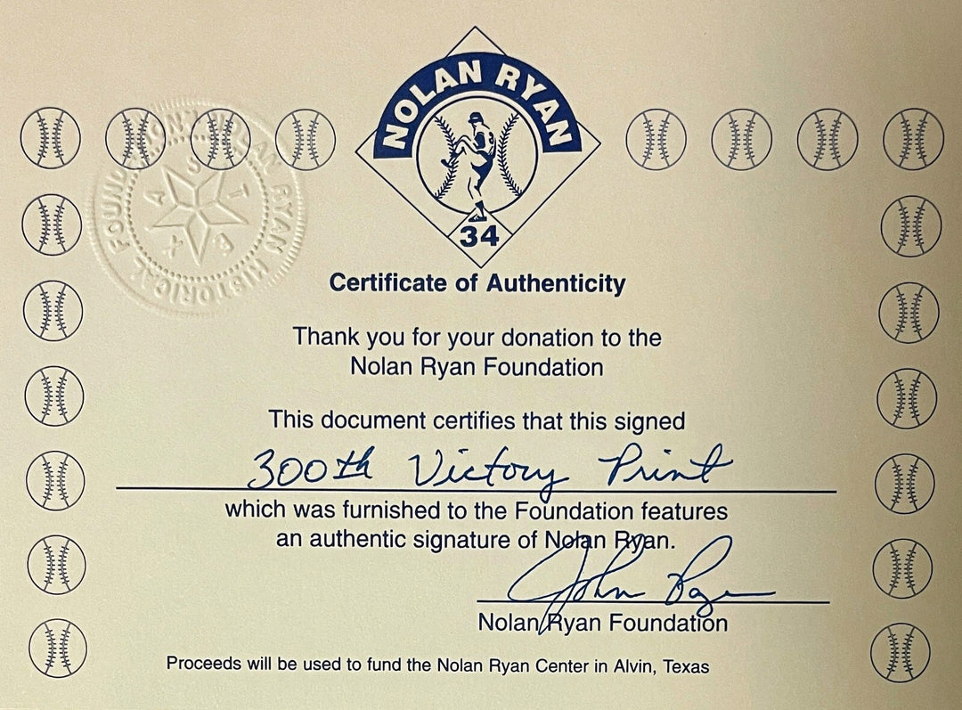 Nolan Ryan signed Rangers 300th Victory 8x10 Stat Card/Photo spot Framed- COA