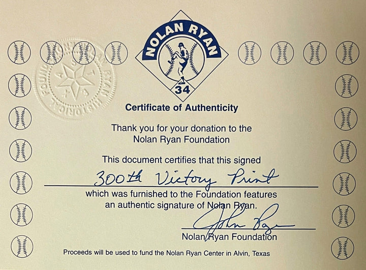 Nolan Ryan signed Rangers 300th Victory 8x10 Stat Card/Photo spot Framed- COA