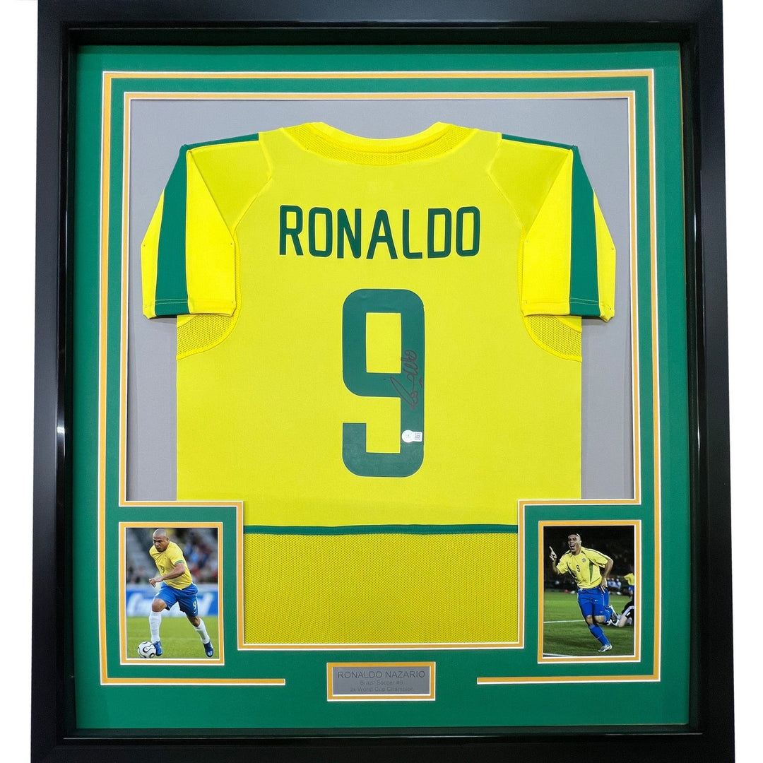 Framed Autographed/Signed Ronaldo Nazario 33x42 Brazil Yellow Jersey COA