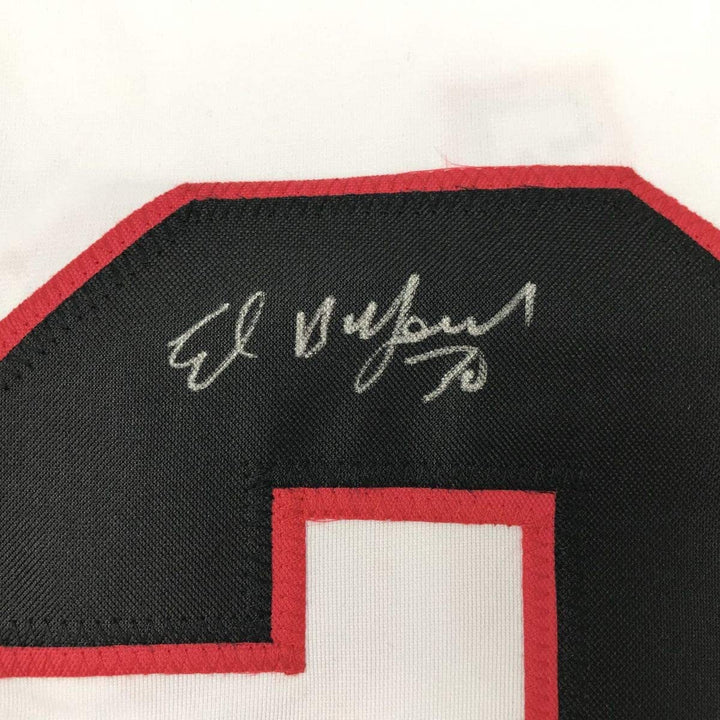 Autographed/Signed ED BELFOUR Chicago White Hockey Jersey JSA COA Auto
