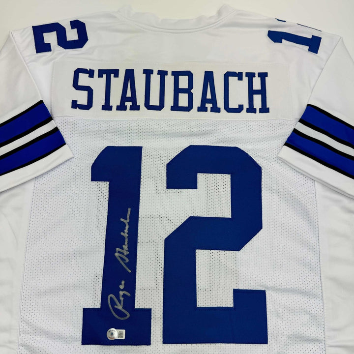 Autographed/Signed Roger Staubach Dallas White Jersey Beckett BAS COA