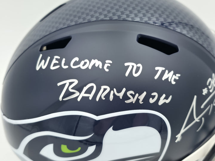 AJ Barner Signed Seahawks Blue Full Sz Speed Rep Helmet Beckett Wit