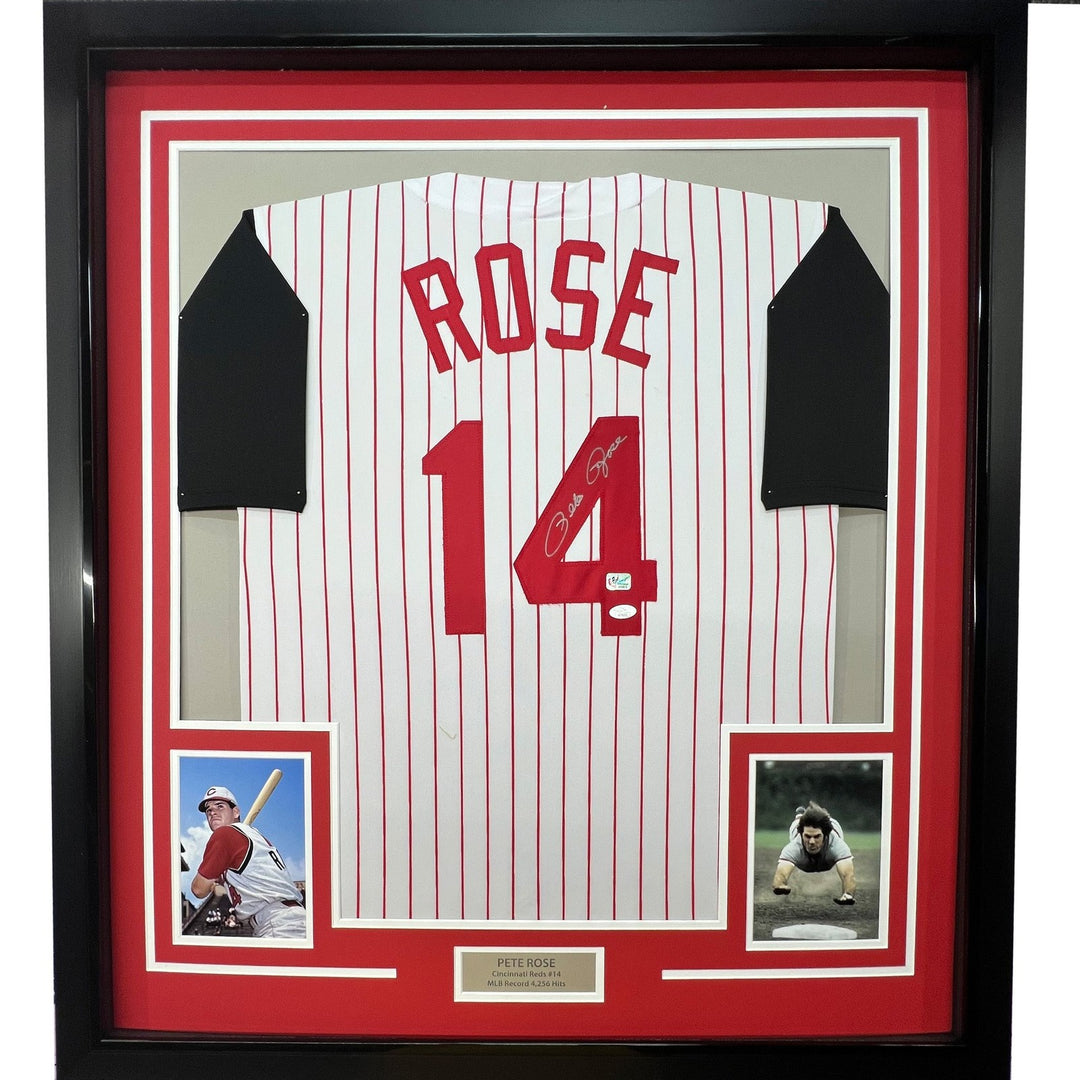 FRAMED Signed PETE ROSE 35x39 Cincinnati Pinstripe Jersey JSA COA