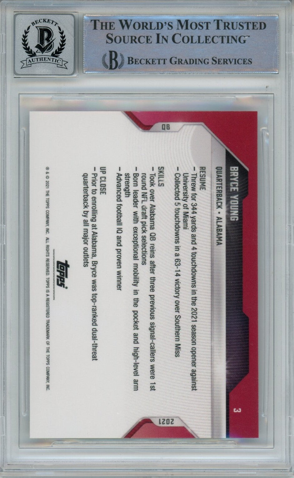 Bryce Young Autographed/Signed 2021 Bowman #3 Beckett Auto 10 40734