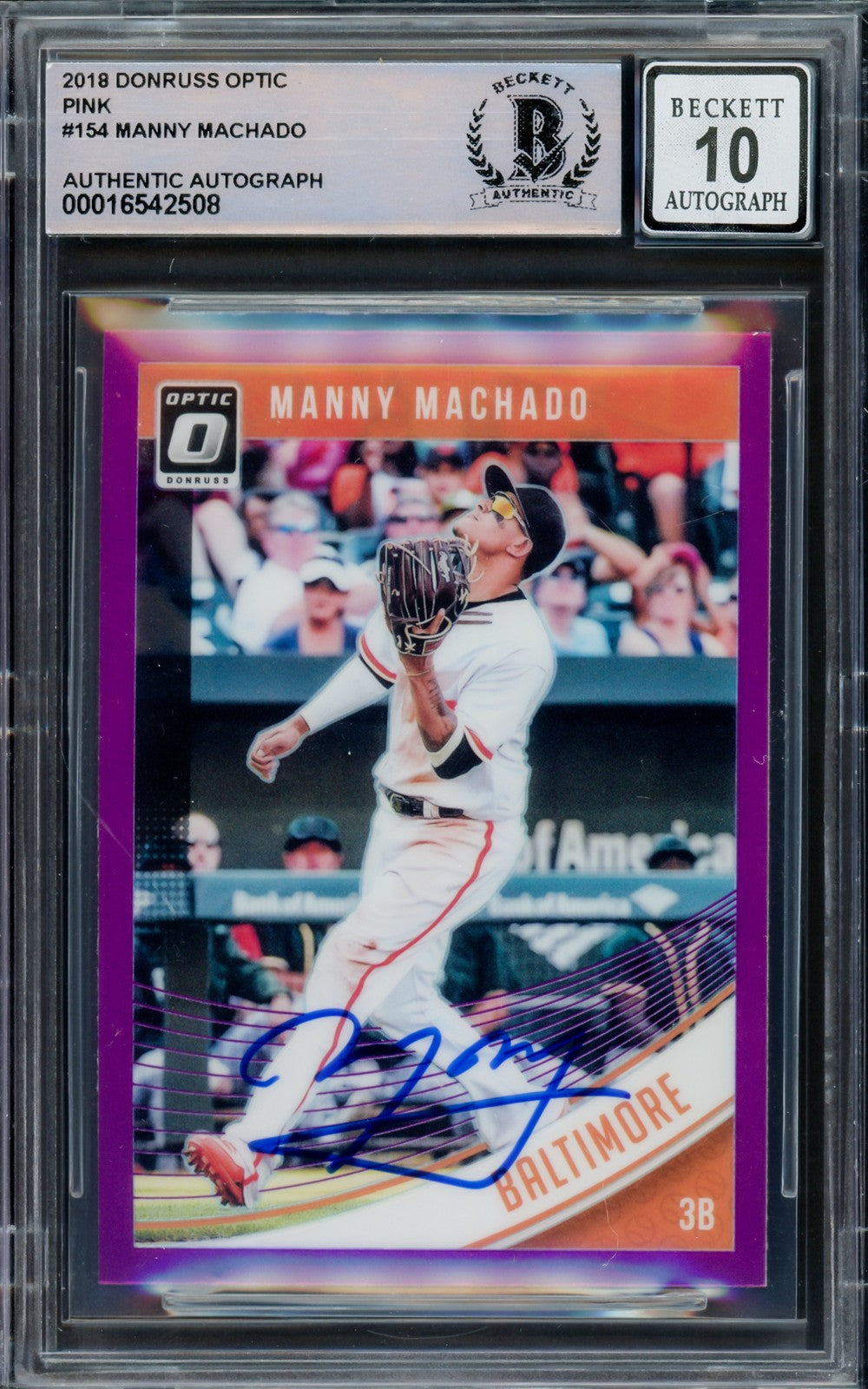 Manny Machado Signed 2018 Donruss Optic Purple Card 154 Orioles Sig 10 Beckett